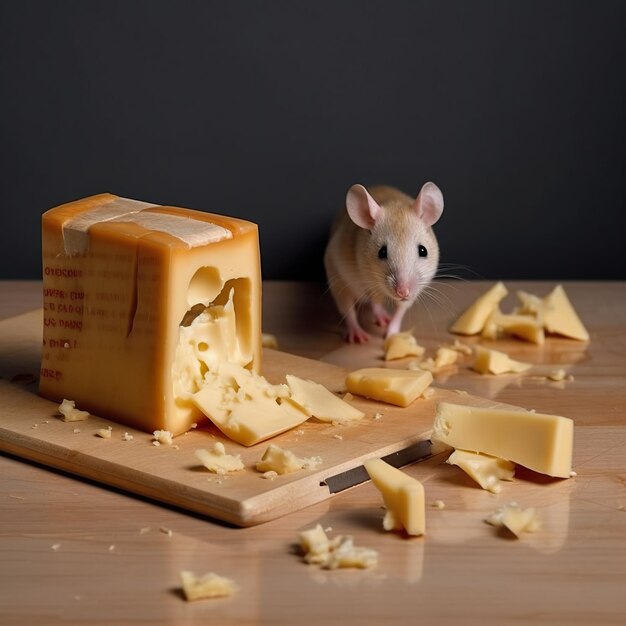 Un topo in piedi accanto a un blocco di formaggio Immagine generativa AI