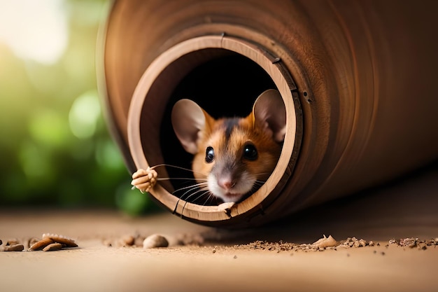 Un topo in un tubo sta guardando fuori dalla sua bocca.