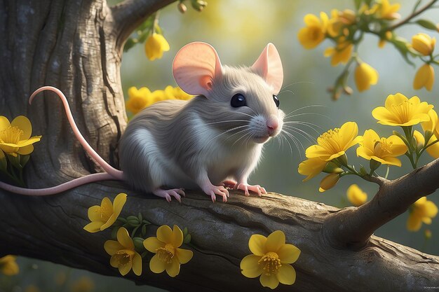 un topo seduto in un albero con fiori gialli un dipinto fotorealistico di Cliff Childs cgsociety furry art deviantart hd arte ufficiale renderizzata in motore irreale