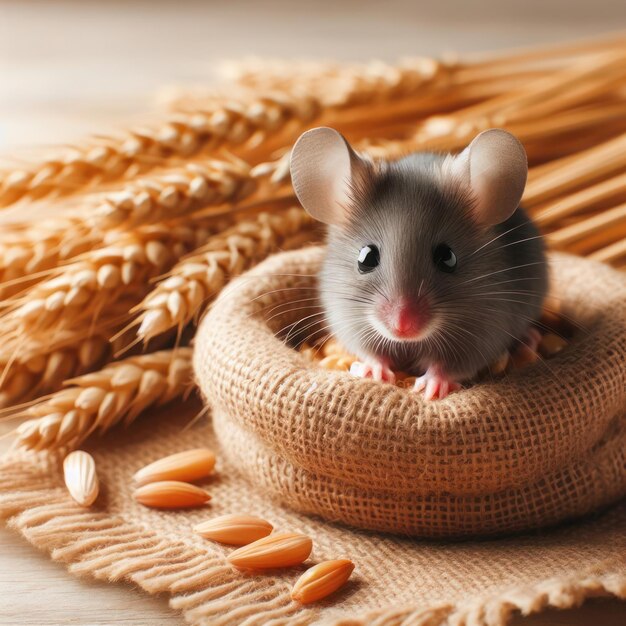 Un topo si siede in un sacchetto di grano