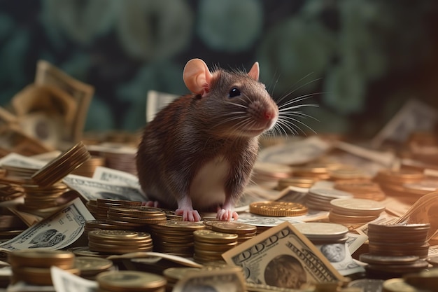 Un topo siede su un mucchio di soldi con pile di monete d'oro