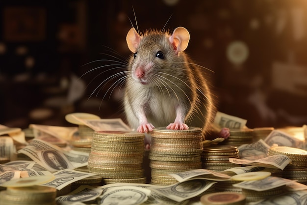 Un topo siede su un mucchio di soldi con pile di monete d'oro