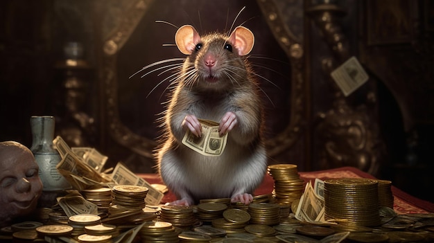 Un topo siede su un tavolo circondato da pile di monete d'oro.