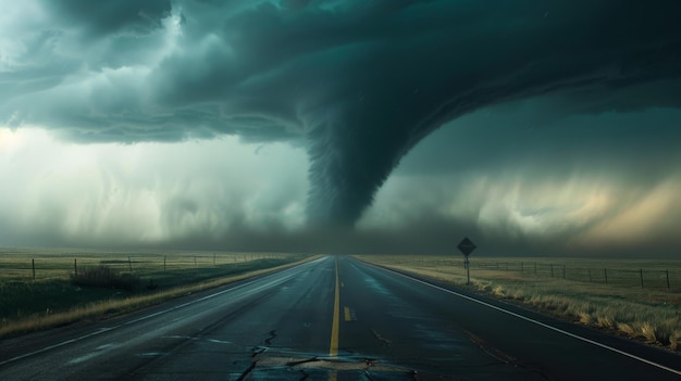 Un tornado gira in spirale lungo la strada nuvole scure che si contorcono nel cielo