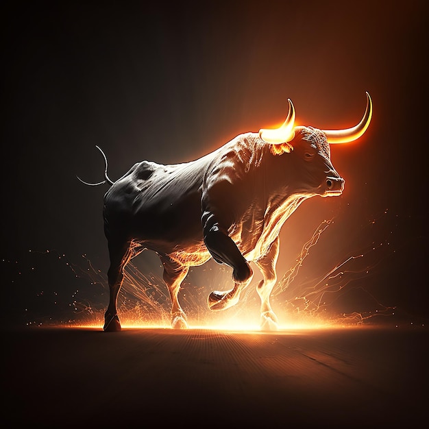 Un toro arrabbiato arriva ruggendo in battaglia sullo sfondo luminoso