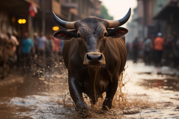 un toro cammina in una pozza d'acqua