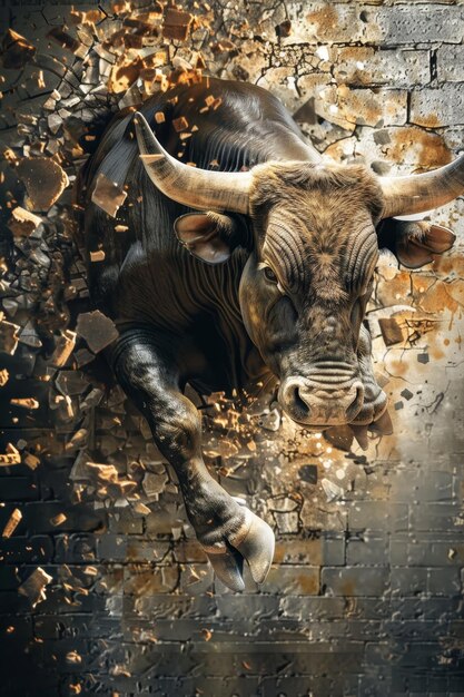 Un toro che attraversa un muro di bitcoin che simboleggia le scoperte nell'attenzione agli investimenti