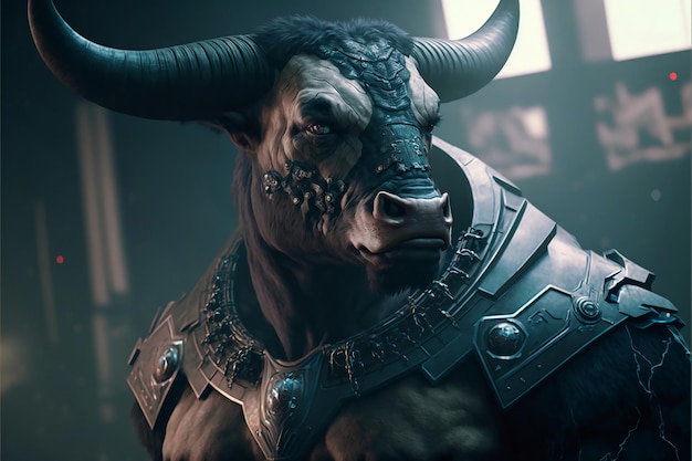 Un toro con una catena intorno al collo si trova davanti a uno sfondo scuro.