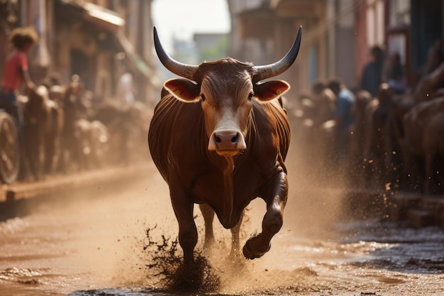 un toro corre lungo la strada davanti a una folla di persone