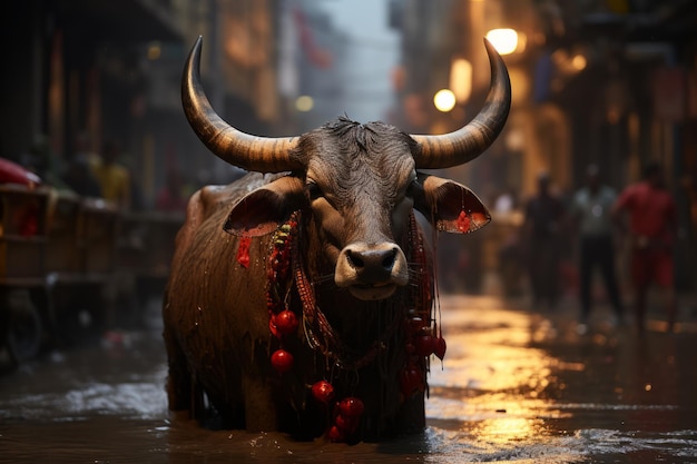 un toro è in piedi in mezzo a una strada cittadina