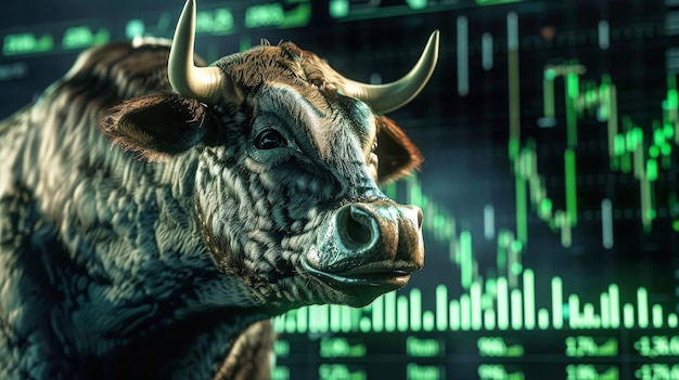 Un toro è posizionato di fronte a un grafico azionario che simboleggia le tendenze di mercato rialziste e le attività di negoziazione in borsa