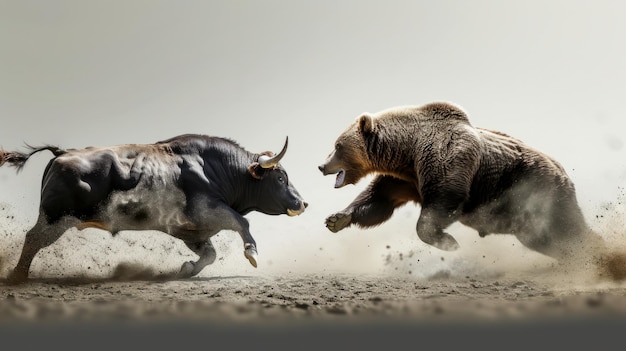 Un toro e un orso che combattono le tendenze dei prezzi del mercato azionario bullish o bearish trading