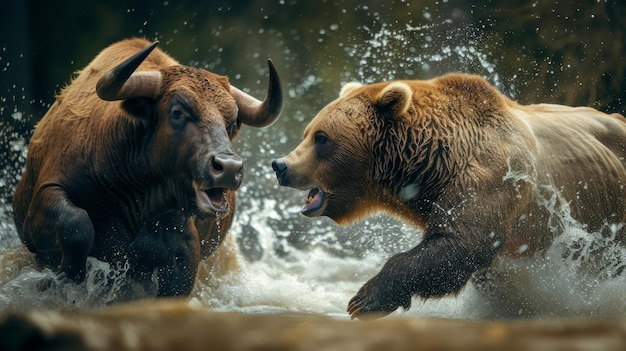 Un toro e un orso che combattono le tendenze dei prezzi del mercato azionario bullish o bearish trading