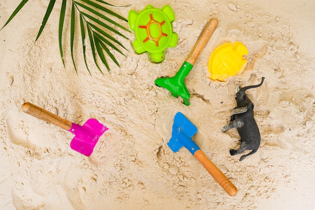Un toro giocattolo e un toro nero giacciono su un banco di sabbia.