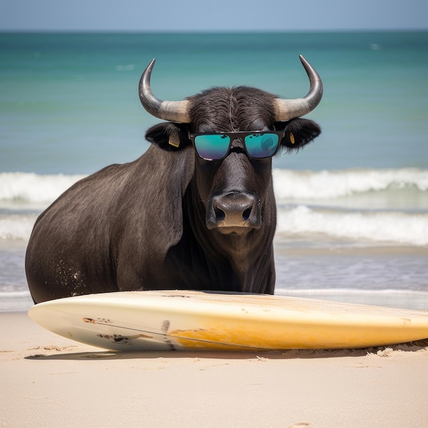 Un toro nero con occhiali da sole e una tavola da surf sulla spiaggia Buffalo sulla spiaggia con occhiali da sole