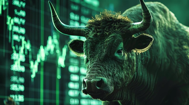 Un toro si trova di fronte a un muro di numeri del mercato azionario che simboleggiano il trading sulla borsa