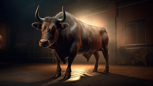 Un toro si trova in una stanza buia con una luce accesa.