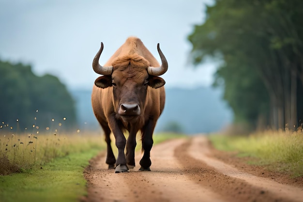 Un toro su una strada sterrata con alberi sullo sfondo