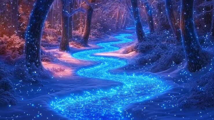 Un torrente blu tortuoso attraverso una foresta innevata e luminosa