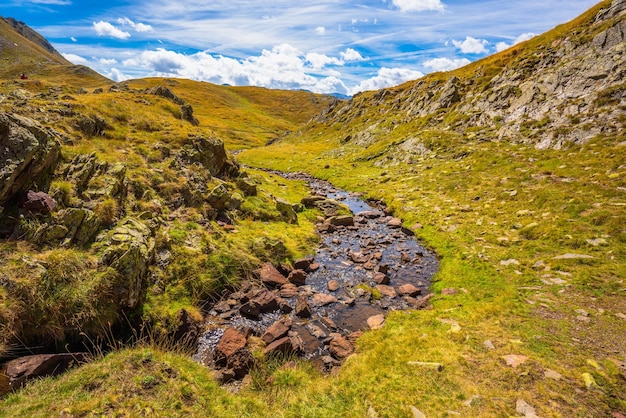 Un torrente inizia il suo viaggio in discesa nei Pirenei spagnoli