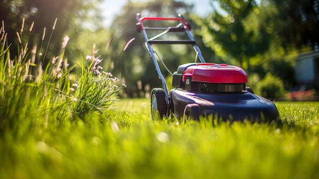 Un tosaerba che taglia l'erba nel giardino in una giornata estiva soleggiata