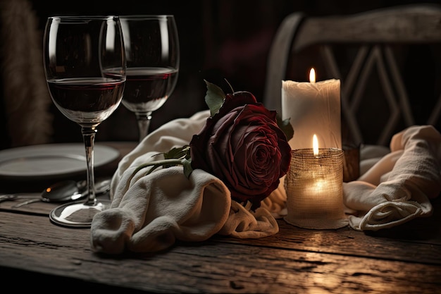 Un tovagliolo piegato su un tavolo di legno con bicchieri di vino rosso, candele e rose sullo sfondo