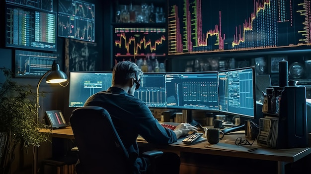 Un trader che analizza modelli e tendenze di trading utilizzando grafici avanzati generati dall'intelligenza artificiale