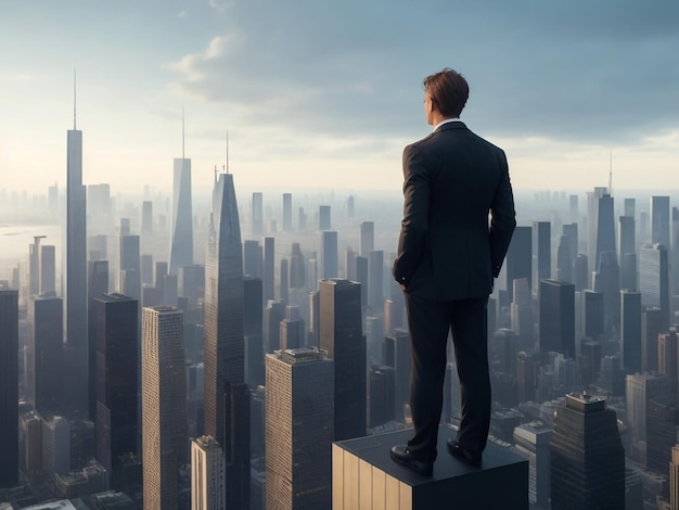 Un trader professionista si trova in cima a un grattacielo