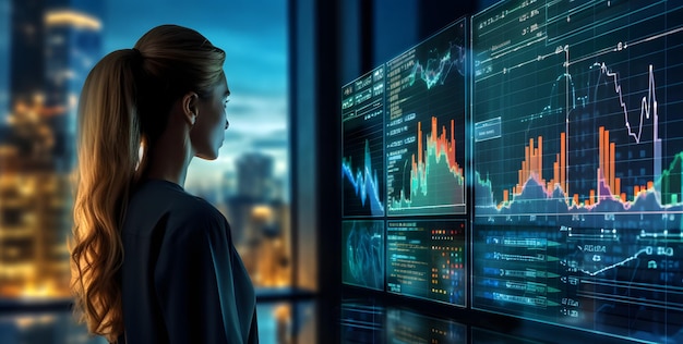 Un trader solitario studia i grafici del mercato azionario su ampie workstation multi monitor utilizzando l'analisi delle app mobili per l'analisi dei grafici di criptovaluta e crescita degli investimenti AI Generative