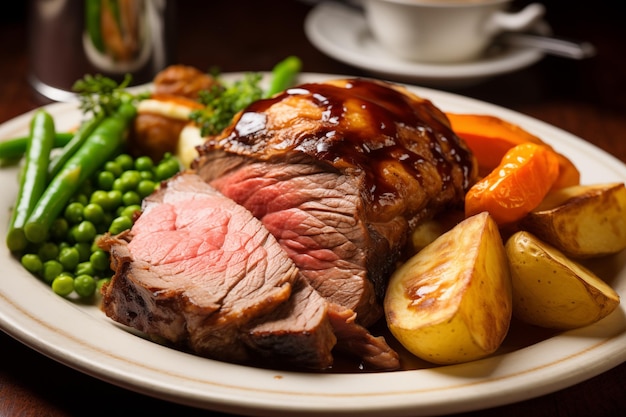 Un tradizionale arrosto domenicale con un morbido taglio di roast beef circondato da verdure ricche e