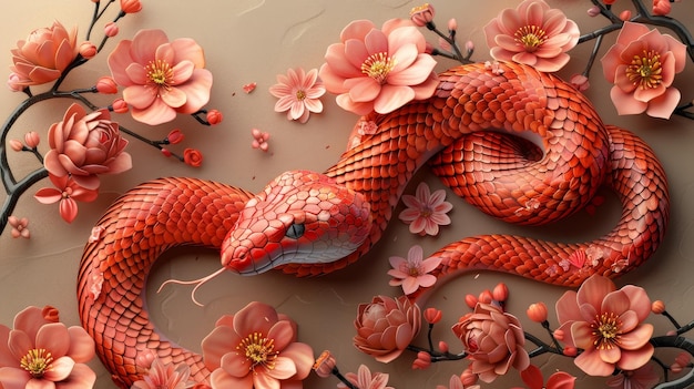 Un tradizionale disegno in carta del nuovo anno cinese che raffigura fiori lanterne e elementi asiatici in rosso e oro su uno sfondo colorato Traduzione buon anno nuovo 2025 lo zodiaco del serpente