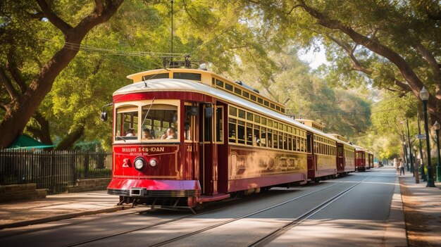 Un tram storico che porta i passeggeri su una scena