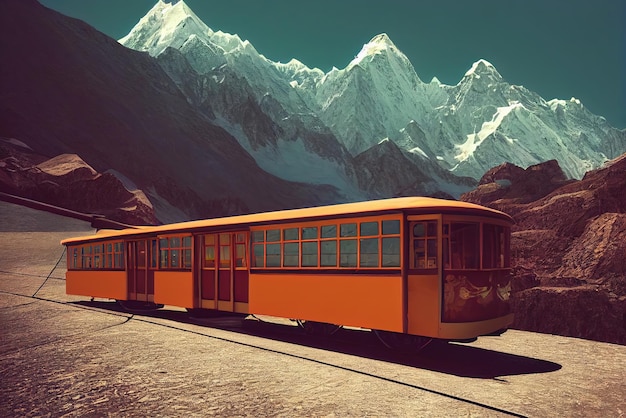 Un tram sul lato di una montagna in Himalaya screziato sole Pittura digitale Illustrazione di fantasia