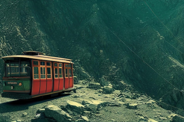 Un tram sul lato di una montagna in Himalaya screziato sole Pittura digitale Illustrazione di fantasia