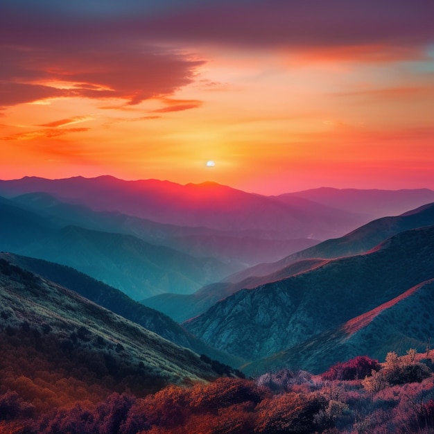 Un tramonto colorato con le montagne sullo sfondo