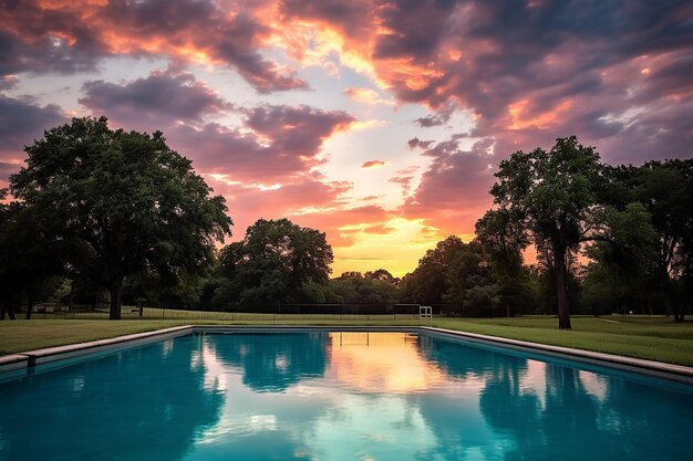 Un tramonto colorato riflesso in una piscina tranquilla