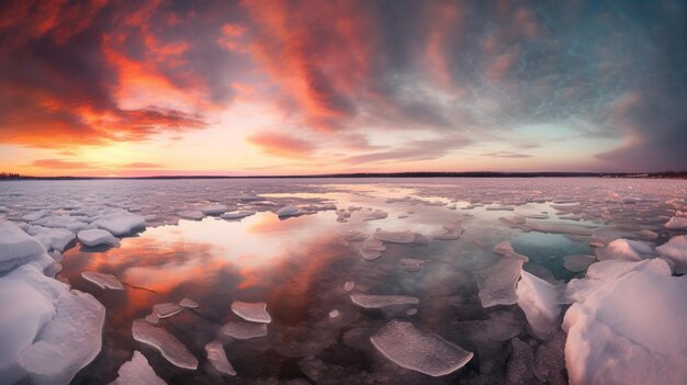 Un tramonto colorato sul lago ghiacciato