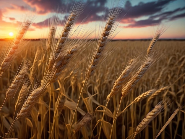 Un tramonto con il grano in primo piano e un cielo nuvoloso sullo sfondo.