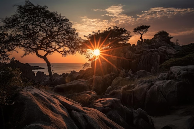 Un tramonto con il sole che splende tra gli alberi IA generativa