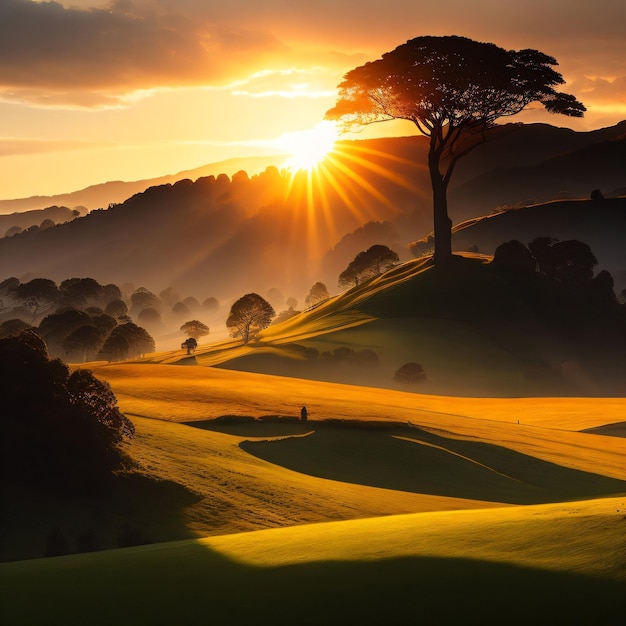 Un tramonto con il sole che splende tra le nuvole