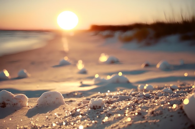 Un tramonto con le bollicine sulla sabbia e il sole che tramonta alle sue spalle