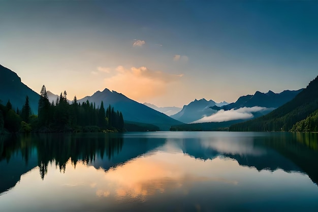 Un tramonto con le montagne e un lago sullo sfondo.