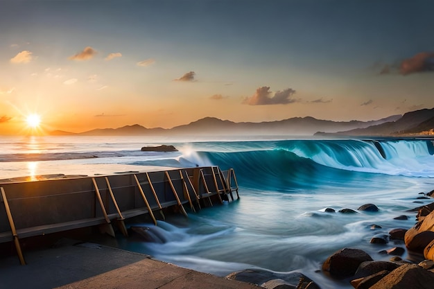 Un tramonto con le onde che si schiantano sulla spiaggia