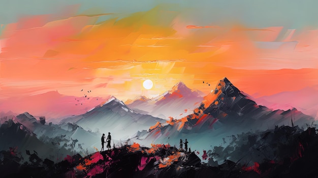 Un tramonto con montagne e montagne sullo sfondo
