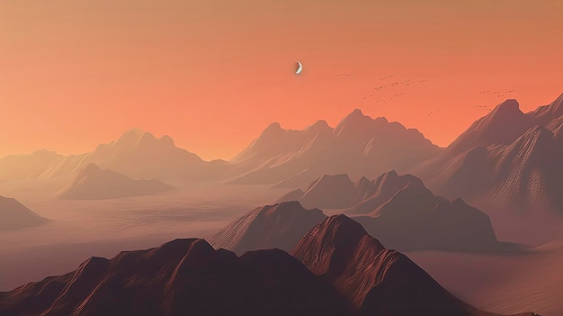 Un tramonto con montagne e una luna nel cielo