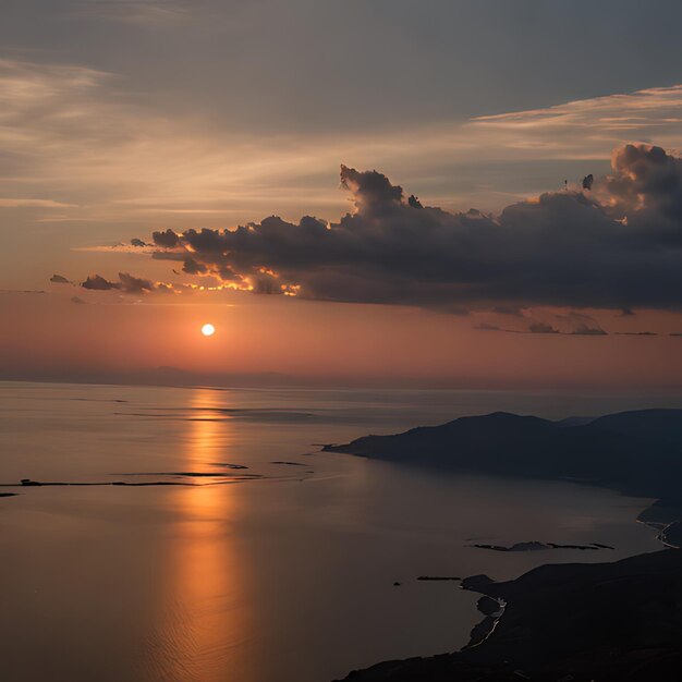 un tramonto con nuvole e una montagna e un tramonto