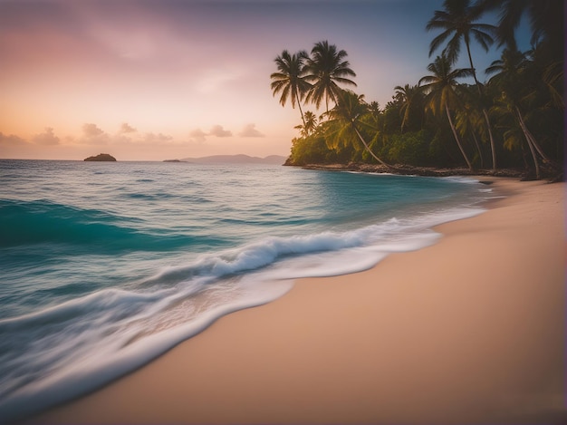 Un tramonto con palme e una spiaggia sullo sfondo.