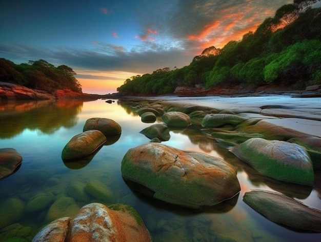 Un tramonto con rocce e un cielo colorato