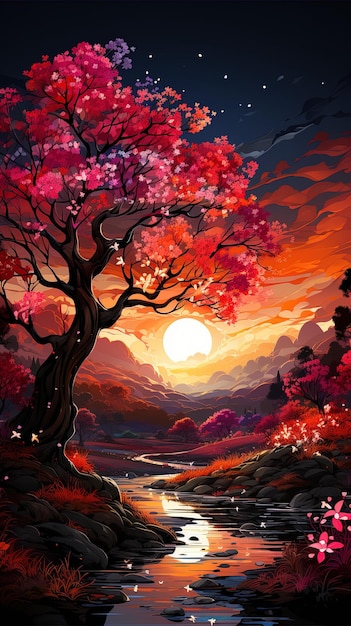 un tramonto con un albero e un sentiero sullo sfondo