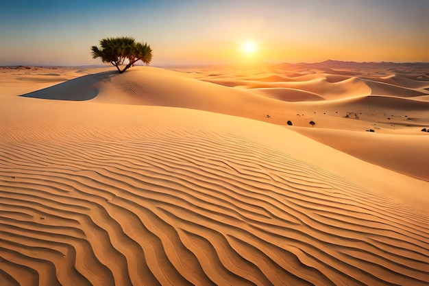 Un tramonto con un albero in mezzo al deserto